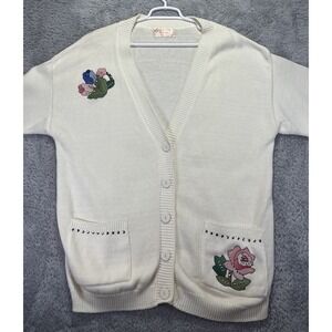 Vtg  Handmade Mardel M Cardigan‎ Sweater Cream Knit Flowers Embellished Pockets